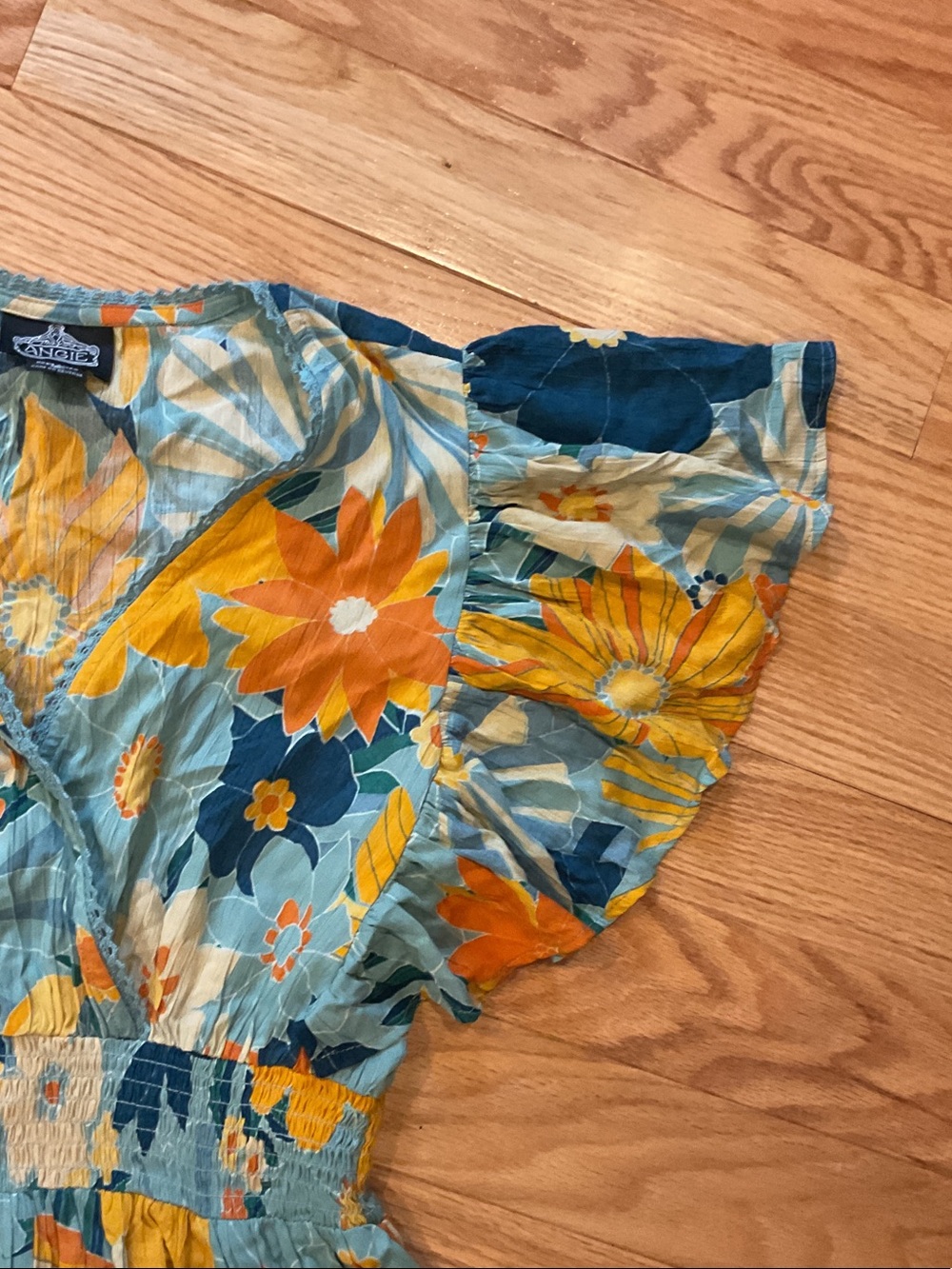Angie Blue & Yellow Floral V-Neck Smocked Mini Dress Anthropologie Medium boho - Picture 3 of 14
